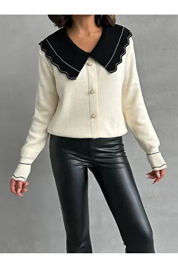 Lusin Dámský svetr Ecru Cardigan - stylový výstřih a detail na knoflíky
