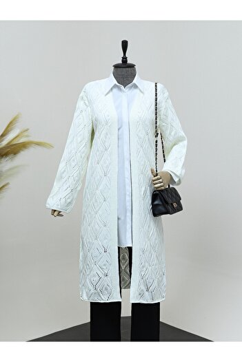 Modamorfo Diamond Pattern Openwork Long Knitwear Cardigan -Cream
