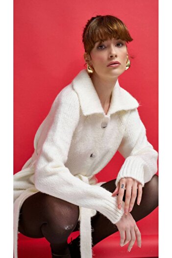RAVİ İSTANBUL Ravi Model Ecru Wool Women's Cardigan Buttoned Cardigan