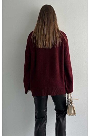 yeditepe fashion Dik Yaka Oversize Triko Kazak Bordo