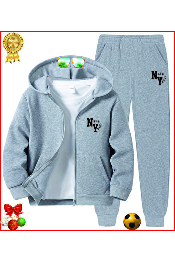HOFFNUNG Ny New York Grey Printed Full Hoodie Tracksuit Set