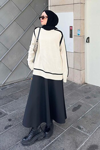 lamelif Turtleneck Black Stripe Detailed Sweater