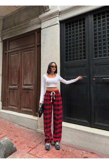 RE7EDİ Red Black Harajuku Square Pattern Unisex Sleepwear Tracksuit