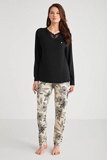 Penyemood Women's Black Modal Pajamas Set - Long Sleeve C5T0N7O9