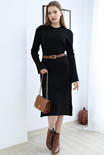 VEGENZE Women's Black Crew Neck Long Knitwear Dress