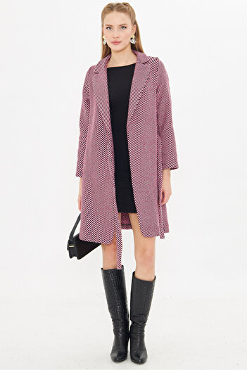 armonika Women's Pink Side Tie Striped Pocket Long Stamp Coat Arm-25K 001039