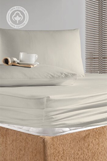 CEMETEKS FİRUZE 100% Cotton Cream Single Ranforce Fabric Elastic Sheet Pillowcases Set /100X200/120X200/