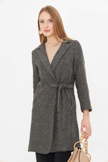 armonika Women's Mink Side Tie Herringbone Pattern Long Cuff Coat ARM-24K001010