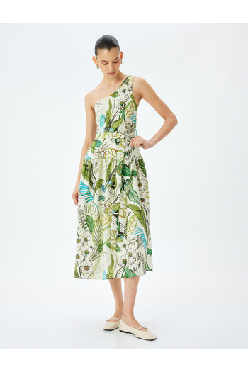 Koton Midi-Länge gefüttertes Viskose-Kleid mit Blumenmuster und einer Schulter