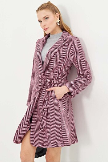 armonika Women's Pink Side Tie Fish Back Pattern Long Stamp Coat Arm-24K 001010