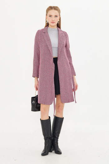 armonika Women's Pink Side Tie Fish Back Pattern Long Stamp Coat Arm-24K 001010