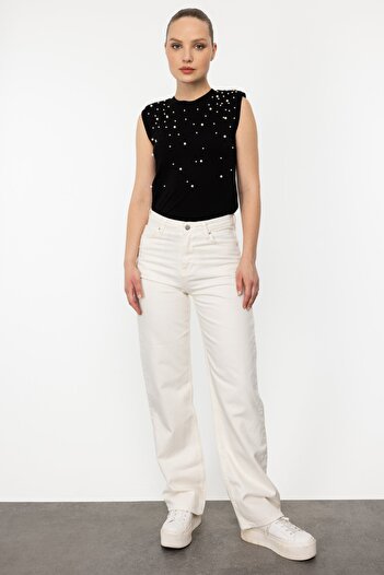 Ekol Ecru High Waist Wide Leg Trousers
