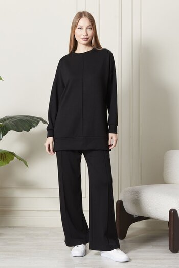 soBasic Μαύρο Modal Long Length Crew Neck Ελαστική μέση με λεπτομέρεια φαρδύ παντελόνι - M