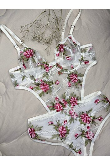 ROZENİN LINGERIE Lace Embroidered Floral Underwire Capless See-Through Bodysuit