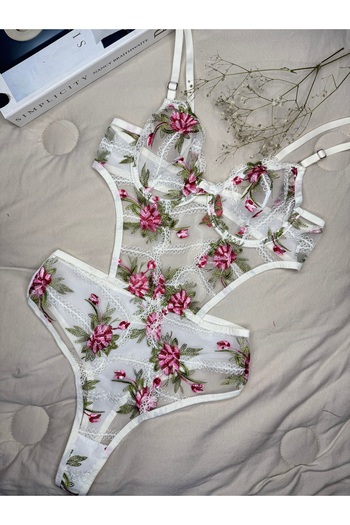 ROZENİN LINGERIE Lace Embroidered Floral Underwire Capless See-Through Bodysuit