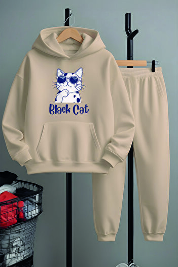 MYADA Premium Glasses Black Cat Printed Bottom Top Tracksuit Set 23351