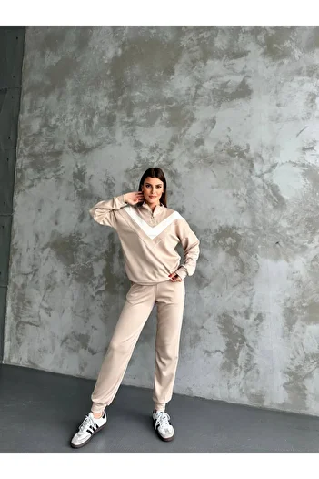 shopshop Γυναικείο Modal Fabric Color Block Σετ φόρμας με μανσέτα με ραβδώσεις με τσέπες