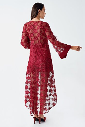 İmaj Image 2410 Burgundy Color Satin Lace Embroidered Nightgown Set of 2