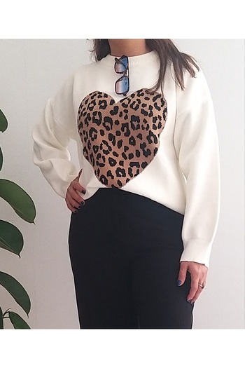 Ayfer Pulover supradimensionat cu leopard cu inimă crem