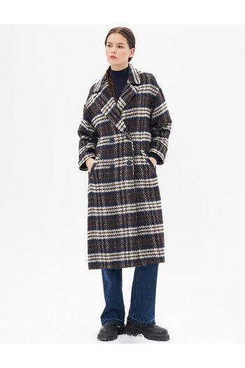 Kayra Navy Blue Plaid Buttoned Coat