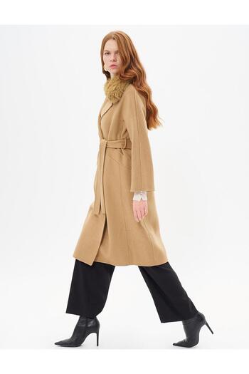 Kayra Camel Premium Wool Fur Double Breasted Coat - Buttoned