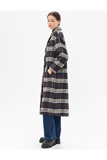 Kayra Navy Blue Plaid Buttoned Coat
