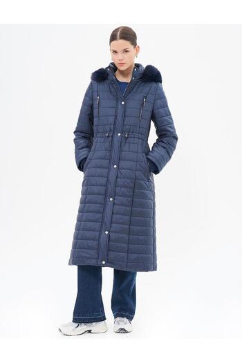 Kayra Diamond Patterned Faux Fur Anorak Coat Dark Navy Blue
