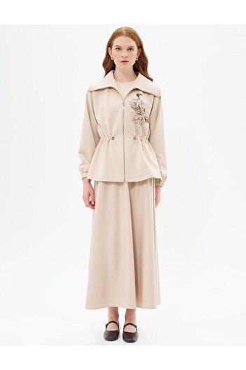 Kayra Light Beige Skirt and Jacket Set - Waist Drawstring