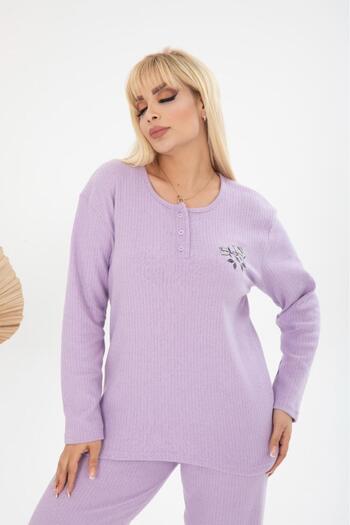 MEBA Women's Plus Size Winter Lilac Single Flower Pajamas Set