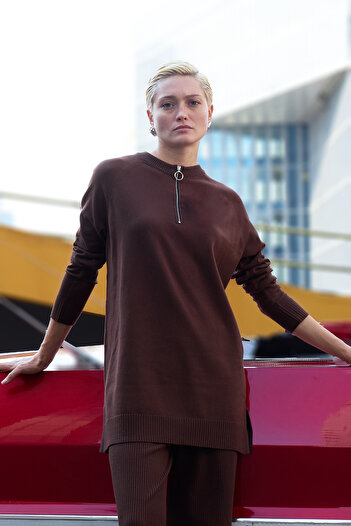 REMSA Missemramiss 4587 Model Knitwear Sweater Tunic - Brown, Zipper Detail
