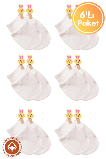 Miniel 6 Pairs of Unisex Baby Gloves - Organic Cotton Combed Newborn Set