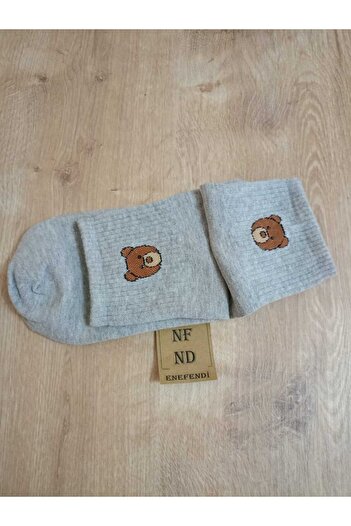 ENEFENDİ Gray Color Cotton Scented Socks - Soft Patterned, Seamless Teddy Bear Patterned Socks