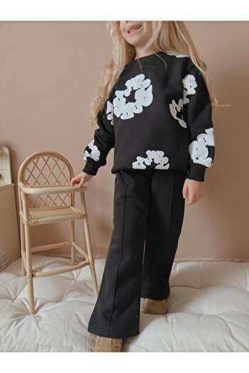 YİGİT BUTİK Yigit Boutique Floral Printed Spanish Leg Girl's Bottom Top Set