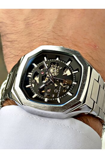 DAVID GUNER Men's Wrist Watch with Automatic Mechanism Silver-Black Color Steel Band 8501A2