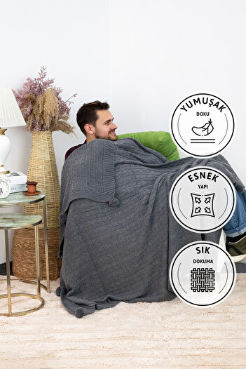 FAVORA Biocotton Knitwear Pompom Knitted TV Blanket - Anthracite