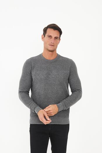 Maccali Men's Cloudfit Basic Long Crew Neck Pattern Gray Sweatshirt