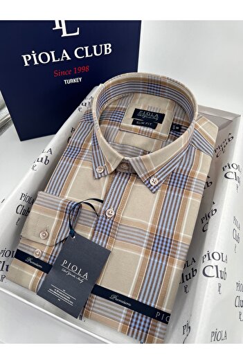 Piola Club Μπεζ Slim Fit καρό ανδρικό πουκάμισο με γιακά μακρυμάνικο