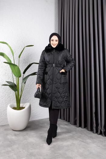 HARMAN BUTİK Women's Pocket Collar Fur Quilted Coat
