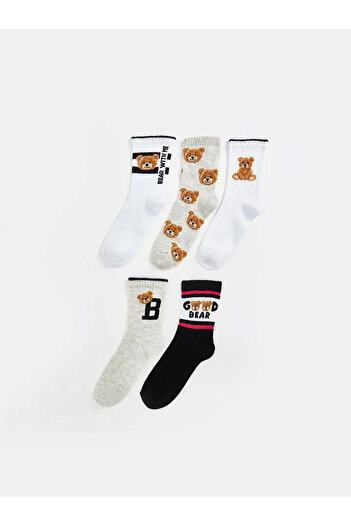 LC Waikiki LCW Kids Бели чорапи с мотив мече за момичета, 5 чифта