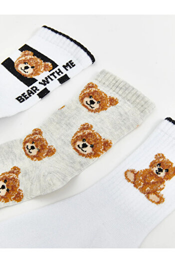 LC Waikiki LCW Kids Бели чорапи с мотив мече за момичета, 5 чифта