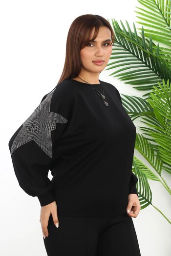 Zer Otantik Large Size Blouse with Off-Shoulder Stripe Detail