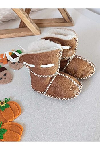 MİNİBİRİ Organic Genuine Lambskin Baby Booties Slippers Baby Boots Baby Shoes