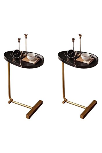 Taimi 2-pieces C-shaped Nordic Style Coffee Tables, Black Surface /golden Legs, 45x30x60cm