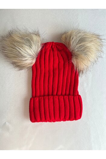 vikivin bebe Red Unisex Children's Beanie with Double Pompom