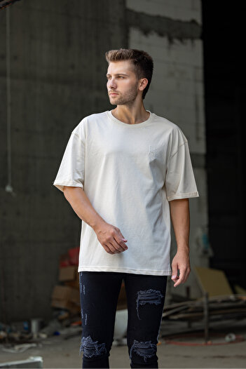 bombe Men's Beige T-Shirt - Basic Semi-Owersize, Plain Print