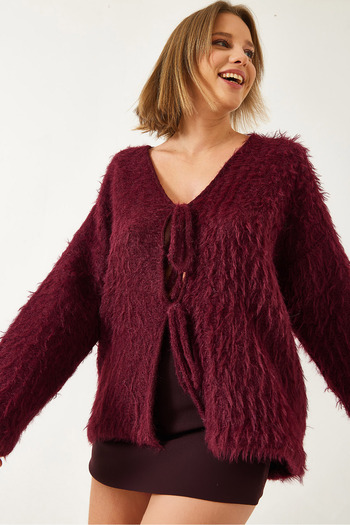 Bianco Lucci Women's Furry Lace-Up Cardigan 241116 60261223