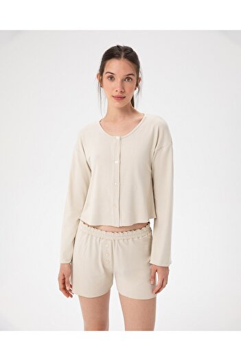 Ayma Active Women's Cream Long Sleeve Flounce Pajama Top
