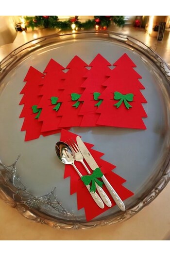 Masalsı Concept Red 6 Pieces Decorative Pine Tree Napkin Holder Felt Spoon Holder Felt Christmas Ornament