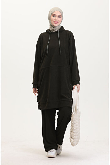 sefamerve Khaki Green Hooded Astana Fabric Tunic and Pants Set - 0553-02