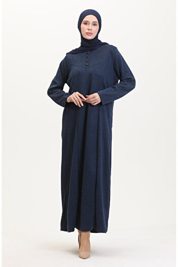 sefamerve Plus Size Button Detail Dress 0532-04 Navy